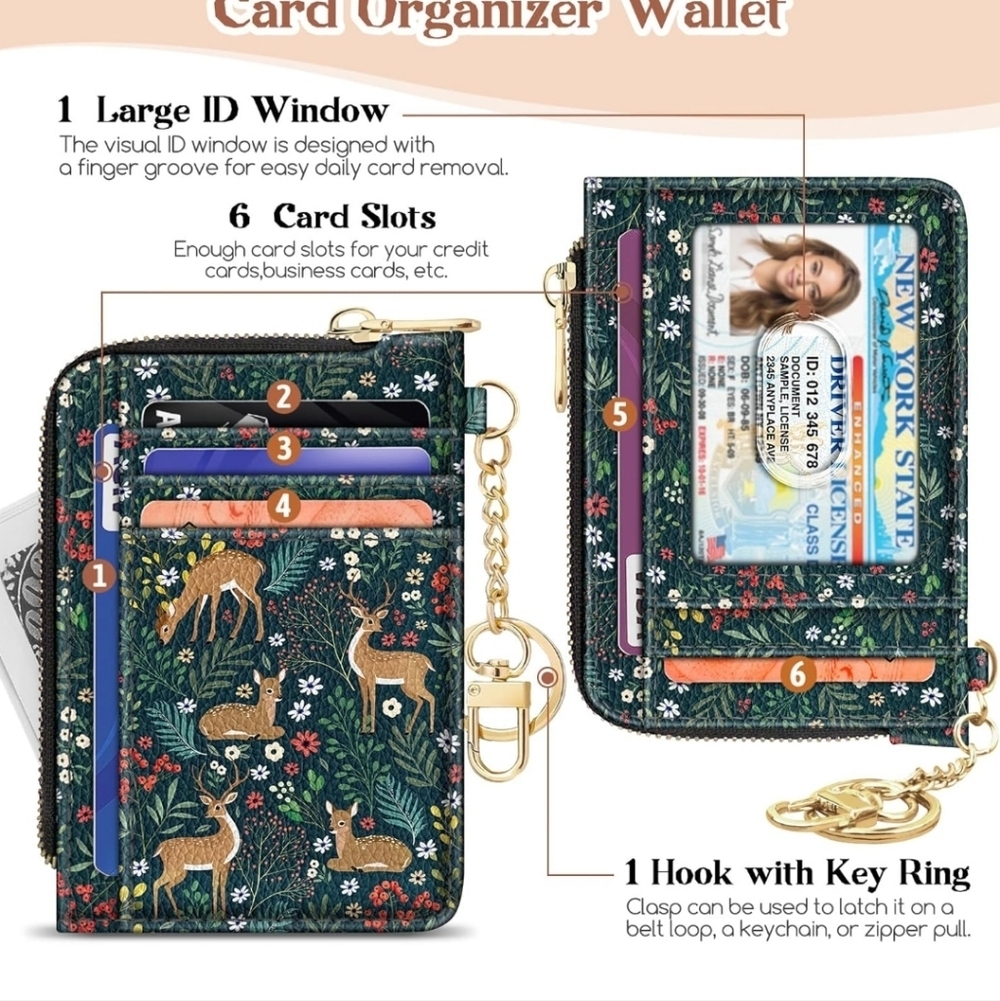 Floral Card Organizer Wallet with Key Ring